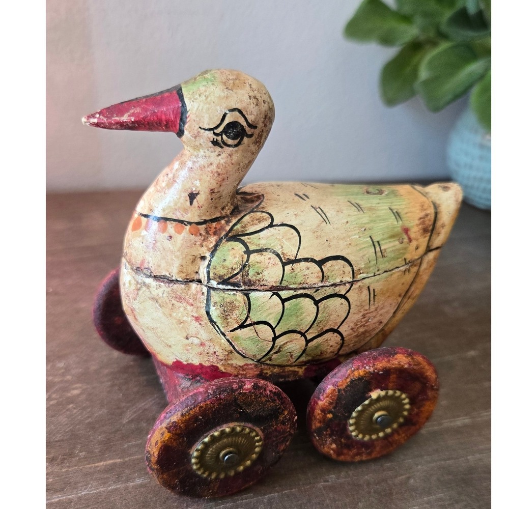 Vintage Hand Painted Wooden Duck Pull‎ Toy Trinket Box Folk Art Rolling Figurine
